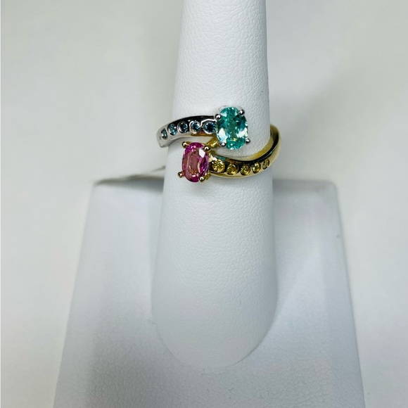 Paraiba and Pink Sapphire Ring with Blue and Yellow Diamonds Size 6.5 - Picture 3 of 6